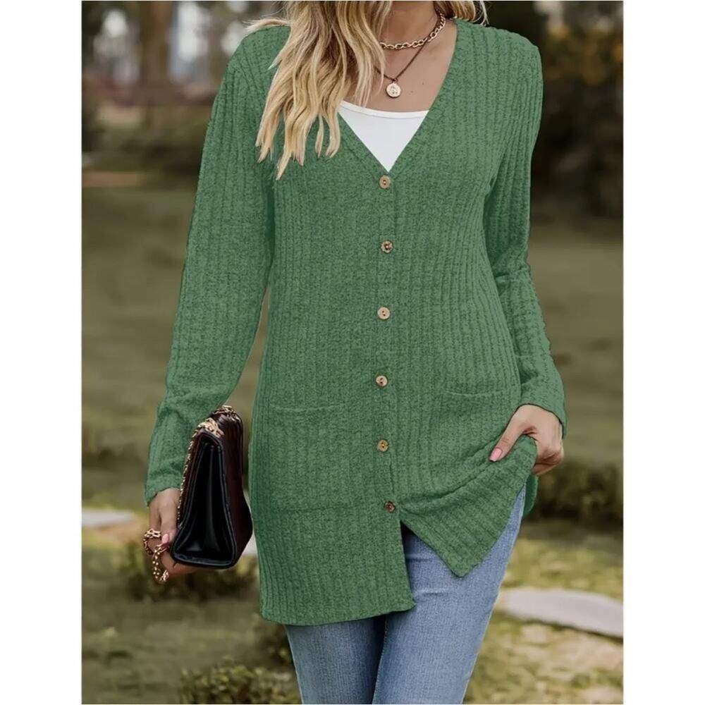 Askyes dark green lightweight open front buttoned cardigan sz M